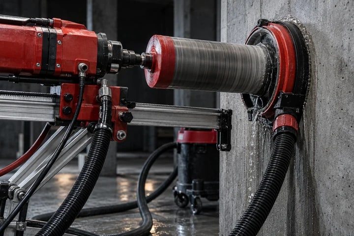 Diamond core drill creating a circular opening through reinforced concrete