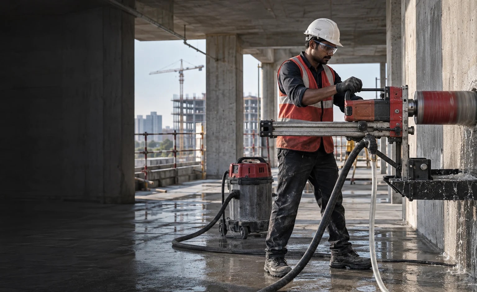 AK Core Cutting technician diamond drilling an RCC wall