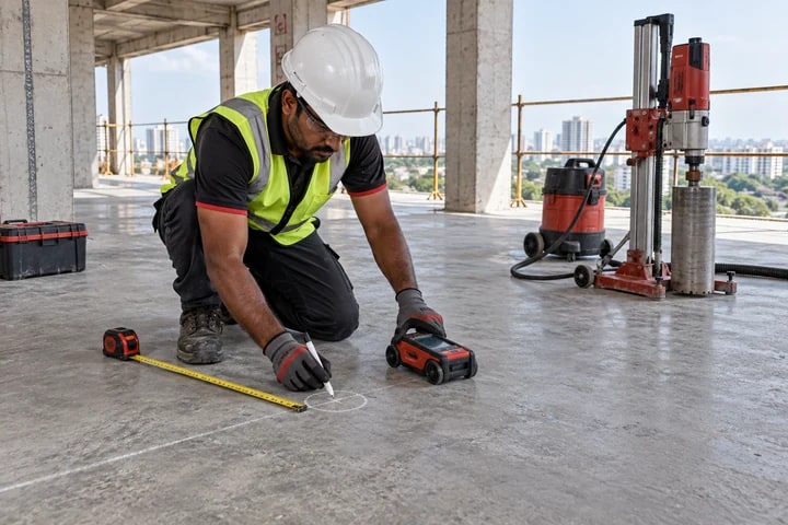 Technician surveying and marking a concrete wall before core drilling
