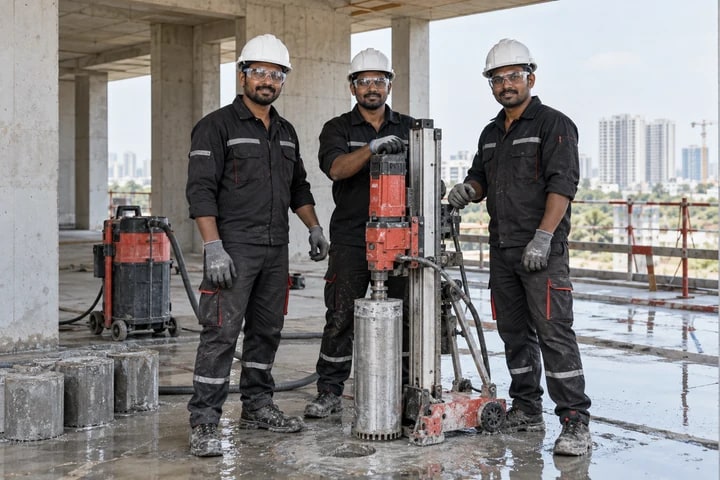 AK Core Cutting professional site team with diamond drilling equipment